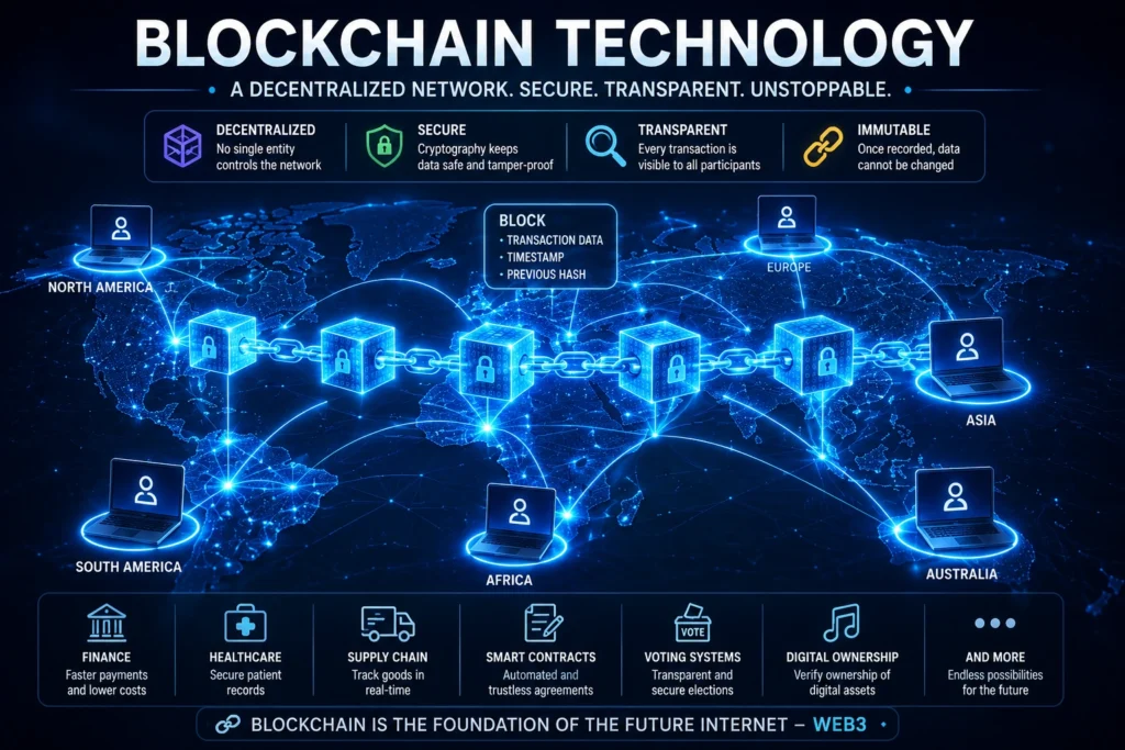 Blockchain technology explained through a decentralized network diagram