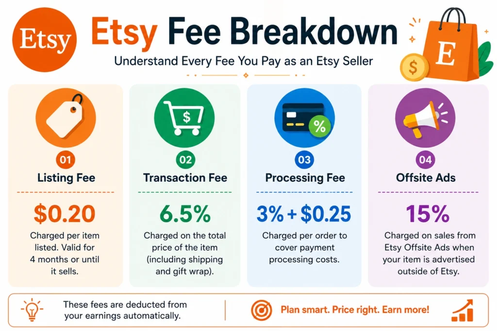 Etsy seller fee breakdown chart showing listing and transaction rates