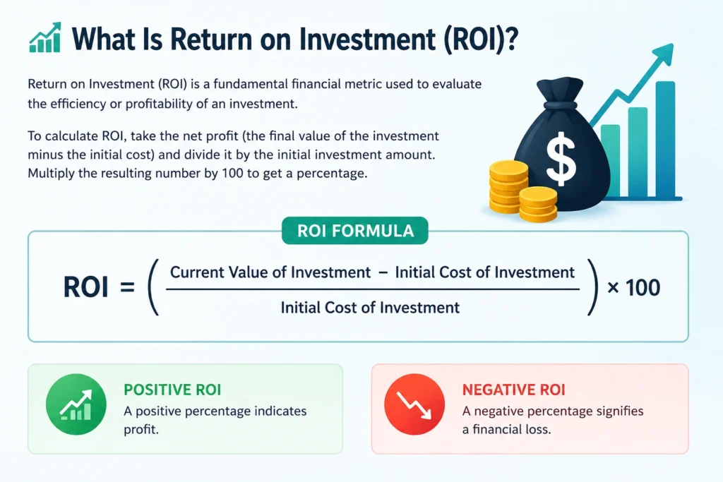 Step-by-step financial metrics visualization using StormNex ROI calculator online tool.